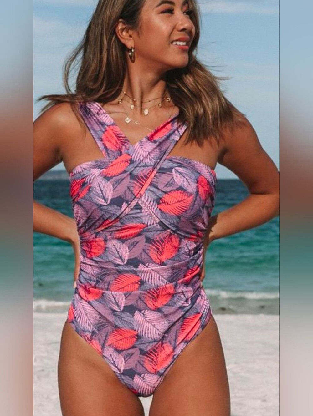 Tropical Leaf Cross-Strap One-Piece Swimsuit